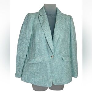 Talbots Size 4P Tweed Coat Blazer Aqua Blue and White One Button‎ Career